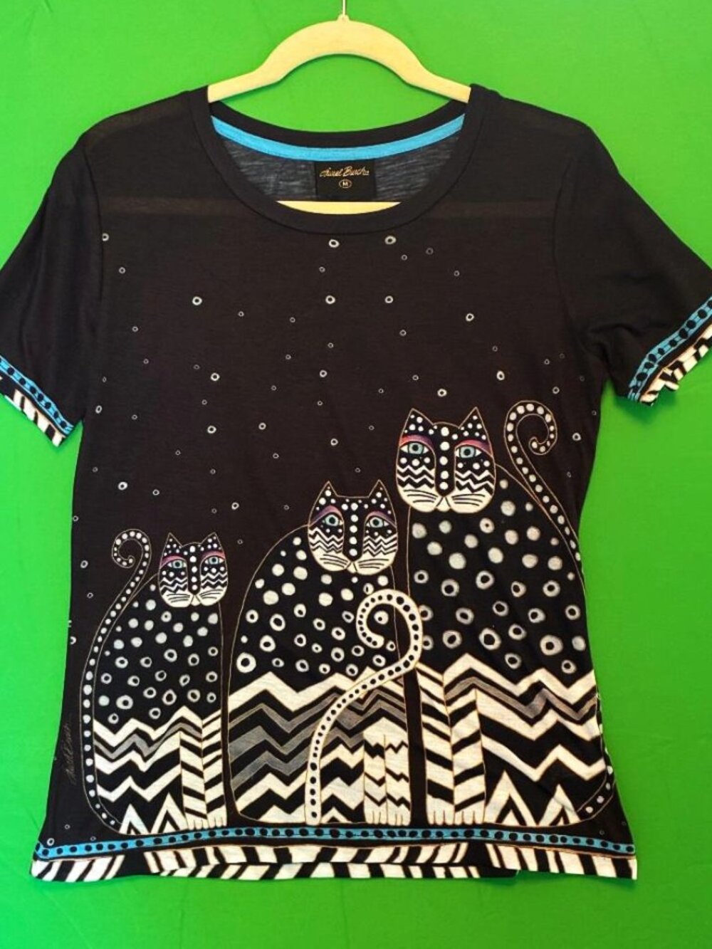 Laurel Burch Polka Dot Gatos Cat Artsy Shirt Short Sleeve Women's Size Medium